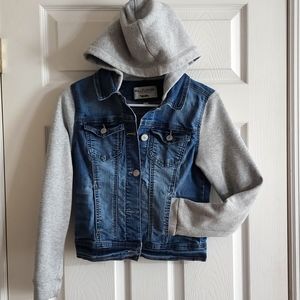 Juniors' Wallflower knit-sleeve hooded jean jacket